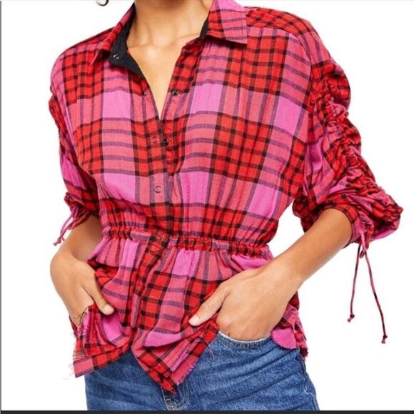 FREE PEOPLE | Pacific Dawn Red Pink Black Cinched Plaid Flannel Top Women’s S - Picture 11 of 11